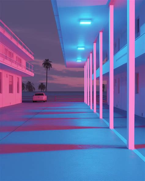 There Is A Car Parked In A Parking Lot With A Pink And Blue Light