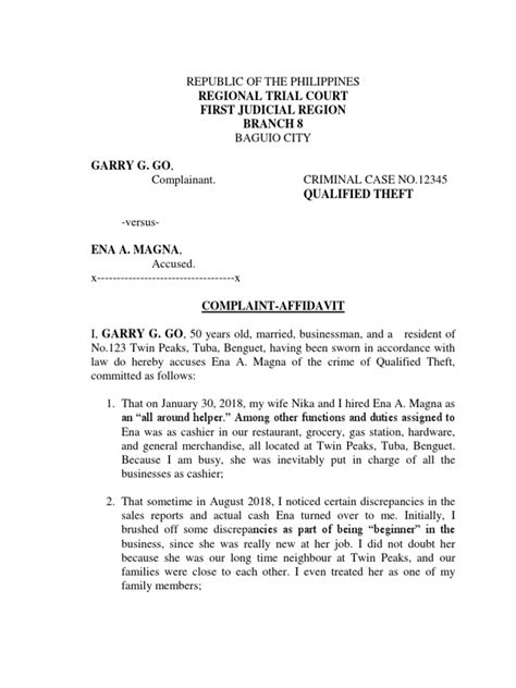 qualified theft complaint affidavit  common law government