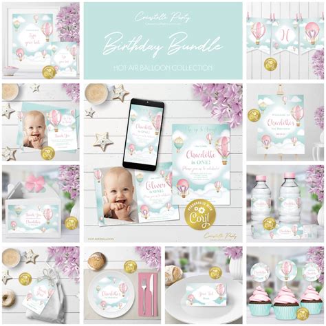 Hot Air Balloon Pink Editable Party Decoration Package Up Up And Away Birthday Printable