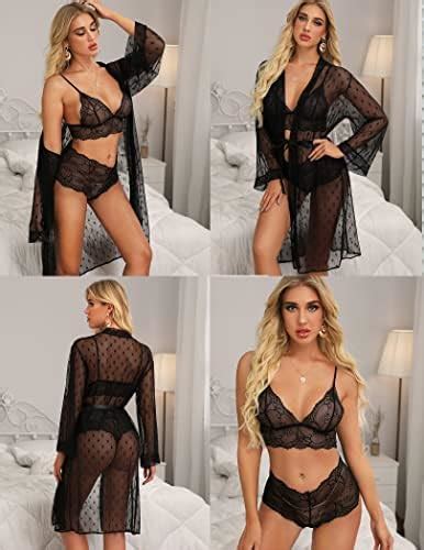 RSLOVE Women Sexy Lingerie Set 3 Piece Lace Kimono Robe With Bra And Panty Sheer Sleepwear At