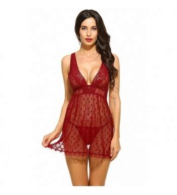 Sexy Lingerie For Women Dots Mesh Babydoll Set Lace Chemise Negligees Sheer Nightgown Burgundy