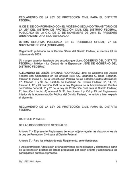 Reglamento De La Ley De Protecci N Civil Para El Distrito Federal