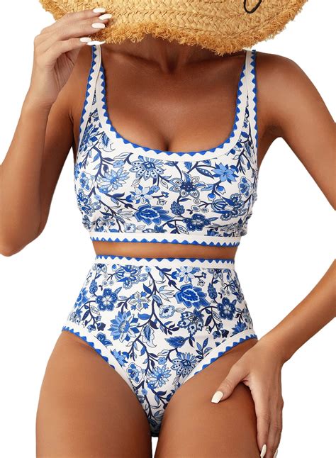 SHEWIN Women S Bikini Sets Floral Print Whip Stitch Piece Swimsuits High Waisted Scoop Bathing