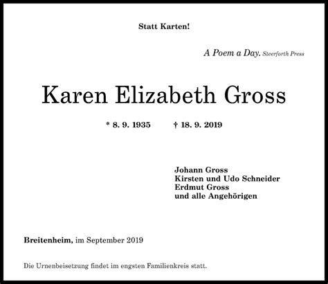 Traueranzeigen Von Karen Elisabeth Gross Rz Trauer De