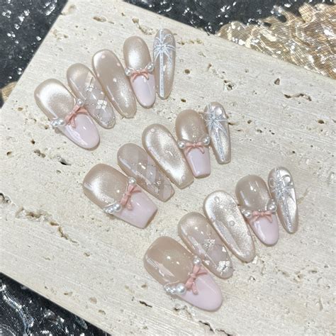 HANDMADE Free Glue Artificial Nail Sweet Nude Clear Cat S Eye Hand Painted Checkered Pink