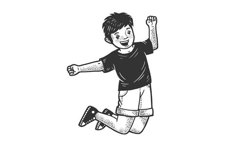 Happy Jumping Child Sketch Vector Blanco Y Negro Niños Saltando Negro