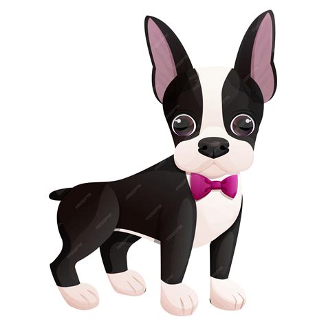Premium Vector | Boston terrier cool puppy with bow standing in cartoon