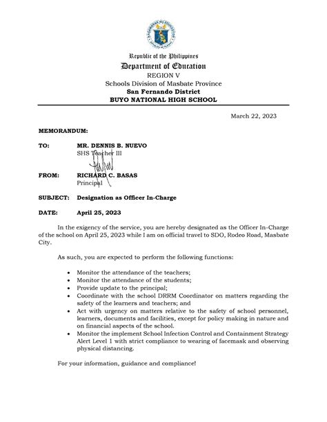 Designation Of Oic Sample Format Republic Of The Philippines