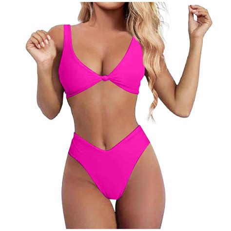 Kcodviy Bikini Set New For Women Summer Solid V Neck Knot Front Push Up High Leg Thong Two