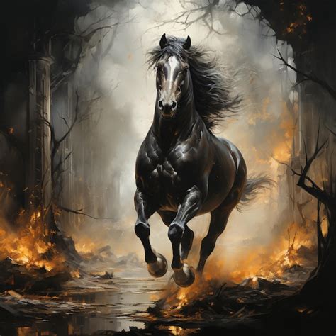 Premium AI Image | a black horse running in the forest in the style of ...