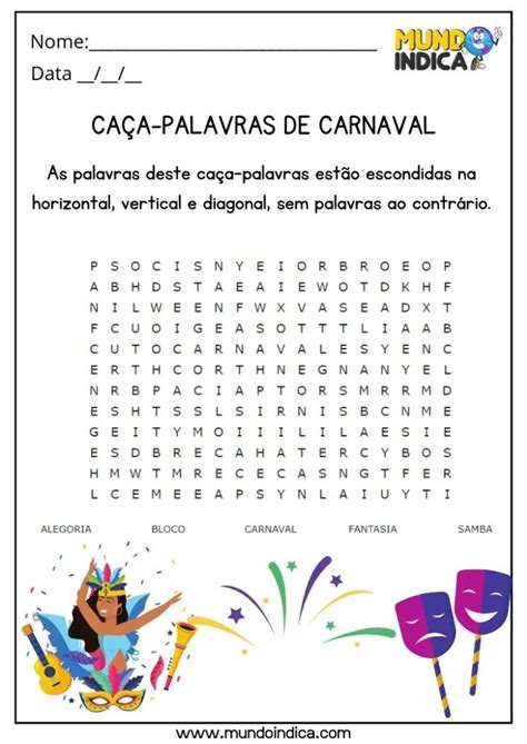 Caça Palavras De Carnaval - 15 Atividades de Carnaval para Educação Infantil para Imprimir