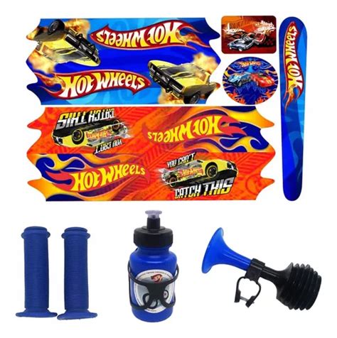 Kit Bike Buzina Manopla Garrafa Adesivo Hot Wheels Aro 16 14 Parcelamento Sem Juros