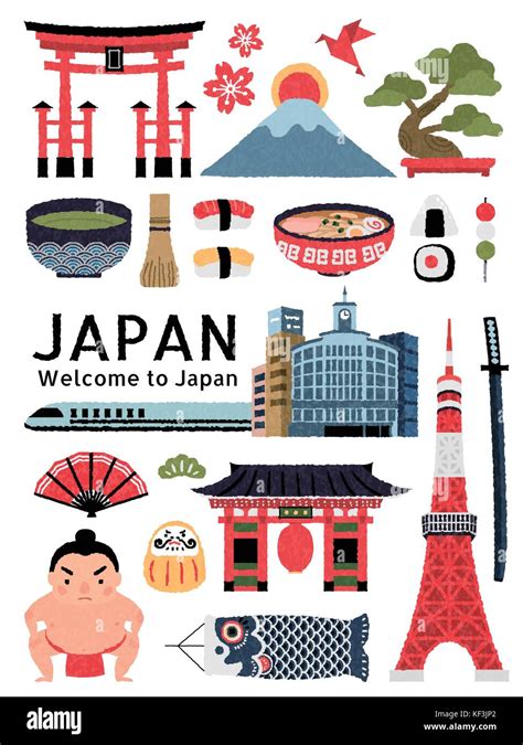 Lovely Japan cultural symbol set, delicious dishes and landmarks