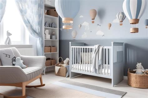 Premium AI Image A Nursery With A Blue Wall With A Balloon Mural That Says Hot Air Balloon On It