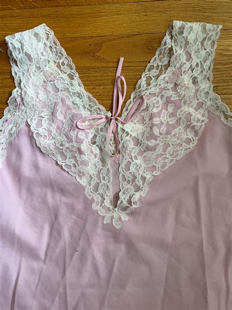 Vintage 60s Sweet Pink Long Lingerie Nightgown Silky With Lace Trim Etsy
