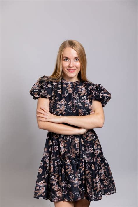 Beautiful Fashion Blonde Woman In Gray Summer Dress Stock Image Image Of Caucasian Happy