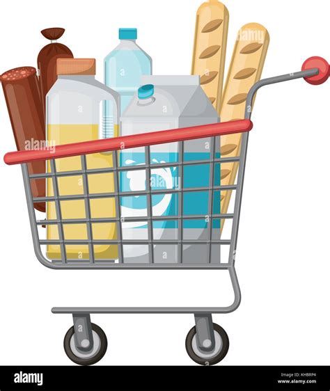 Supermarket Shopping Cart With Foods Sausage Bread And Drinks Juice And