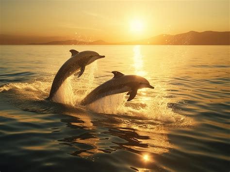 Delfines Saltando Fuera Del Agua Al Atardecer Foto Premium