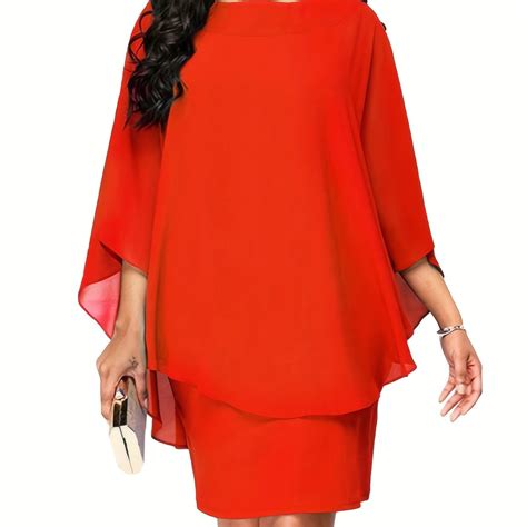 Plus Size Solid Round Neck 3 4 Sleeve Cape Midi Dress Womens Plus