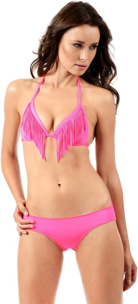 Amazon Voda Swim Women S Envy Push Up Fringe String Bikini Top S Neon Pink Clothing