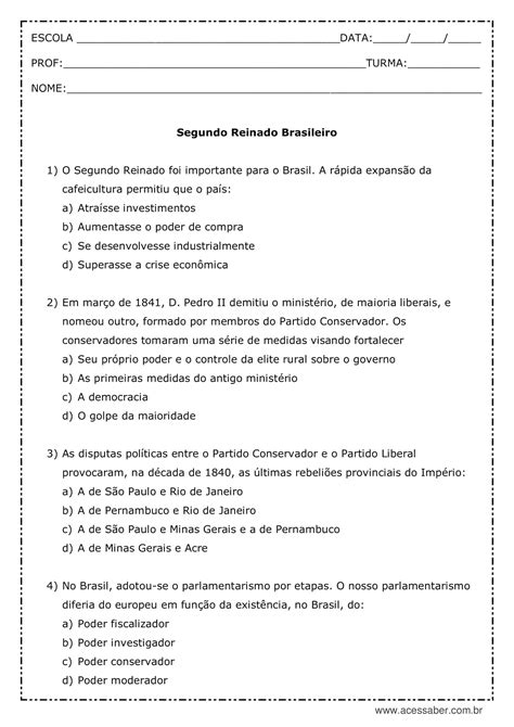 Segundo Reinado Questões - Questões Sobre Segundo Reinado 8 Ano - FDPLEARN