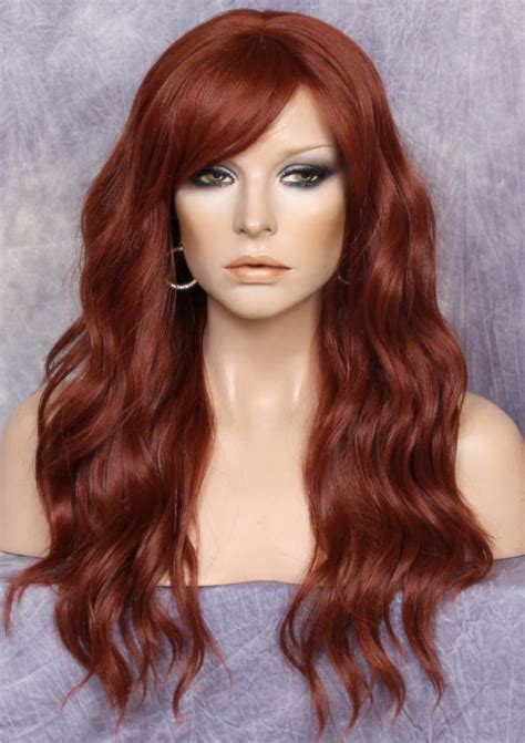 Beautiful Human Hair Blend Wig Copper Red Auburn Long Wavy Etsy