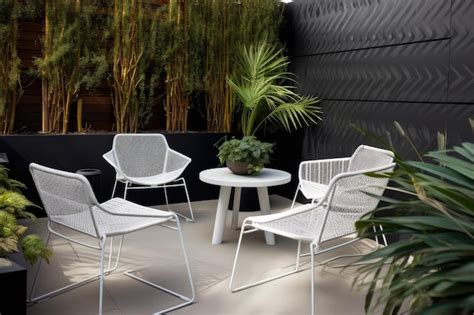 Premium AI Image | Modern outdoor seating area with sleek metal and plastic furniture created ...