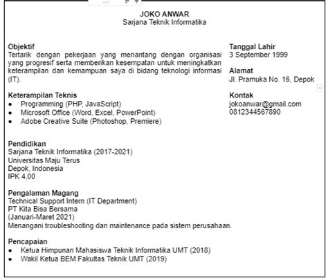 Contoh CV Fresh Graduate Tanpa Pengalaman Yang Bikin HRD Tertarik