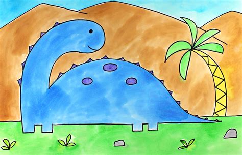 Art Lesson for Kids: Drawing and Watercolor Painting a Blue Dinosaur ...