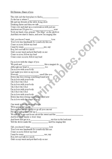 Ed Sheeran Shape Of You ESL Worksheet By K8gr