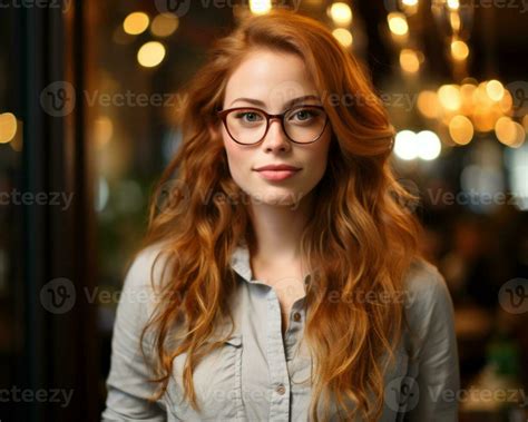 Portrait Of Beautiful Red Haired Woman With Glasses Standing In Front Of Bokeh Lights Generative