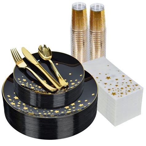 Piece Gold Dinnerware Set Guest Black Plastic Plates Gold