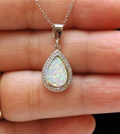 Pear Shape White Opal Necklace Cz Silver Necklace Lab Opal Pendant Silver Opal Jewellery