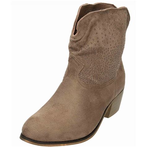 JWF Ladies Pull On Cowboy Ankle Boots Faux Suede Low Heel - Ladies ...