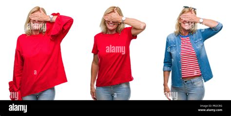 Collage Of Beautiful Middle Age Blonde Woman Over White Isolated Backgroud Smiling And Laughing