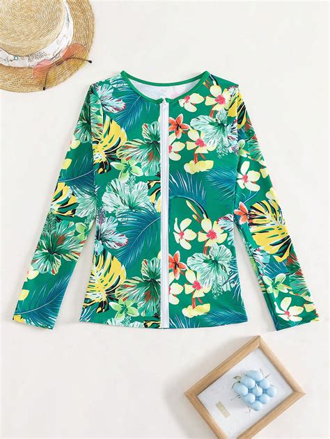 SHEIN Swim SERF Top De Bikini Con Cremallera Frontal Y Estampado Tropical Moda De Mujer
