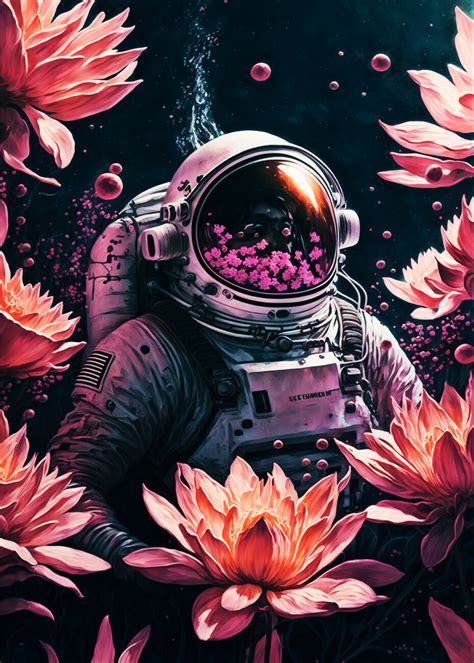 K Nstlerische Illustration Astronaut Floating In A Sea Of Pink Lily