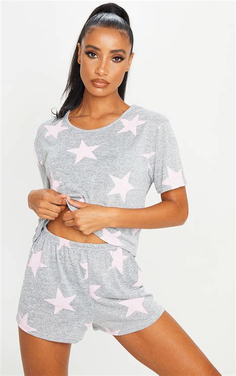 Ensemble De Pyjama Court Gris À Étoiles Roses Lingerie Pyjamas PrettyLittleThing FR