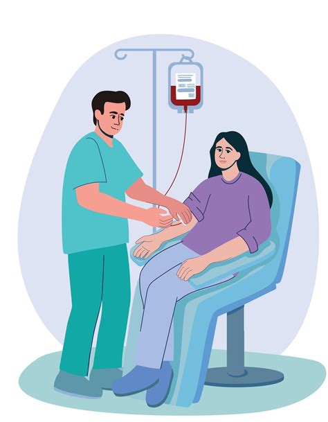 Young woman donates blood for sick people, male nurse stands nearby ...