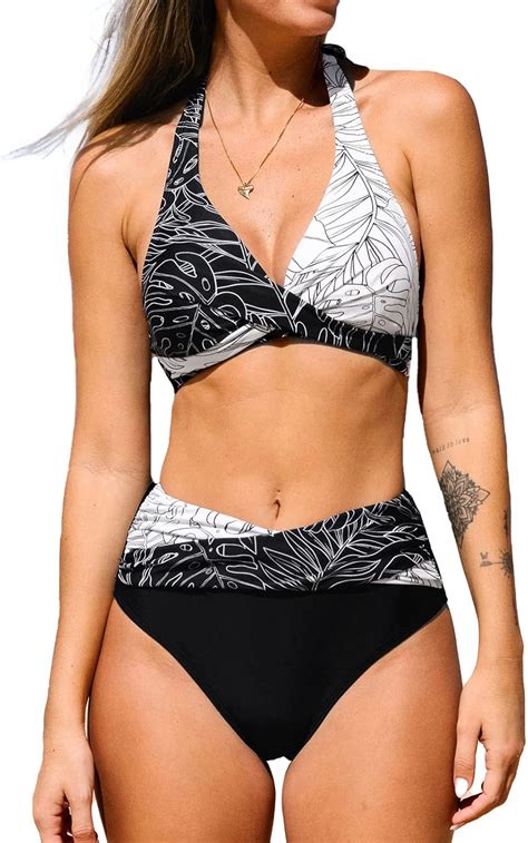 Amazon CUPSHE Bikini Set For Women Two Piece Swimsuit High Waisted Wrapped Halter Back Self