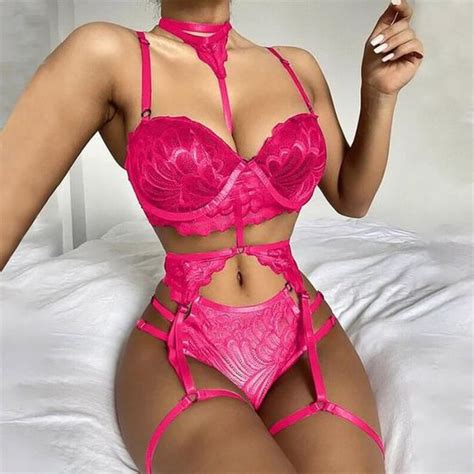 Femme Ensemble Lingerie Dentelle Fleurs Brassi Re Jarreti Re Cou Suspendu Sexy Porte Jarretelles