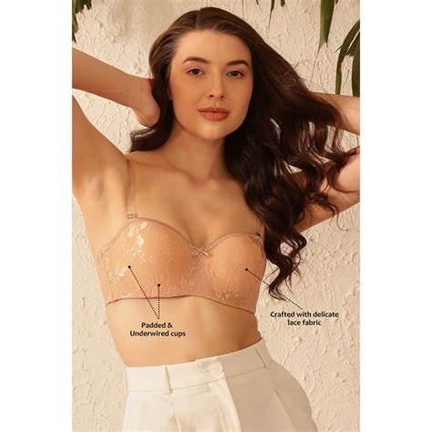 Buy Clovia Padded Underwired Full Coverage Strapless Bra In Nude Lace Br R Beige