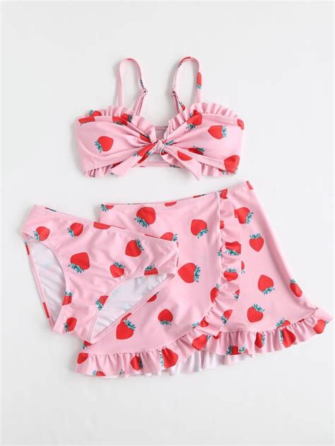 Niñas 3 piezas Bañador bikini con estampado de fresa ribete fruncido con falda playera Moda de
