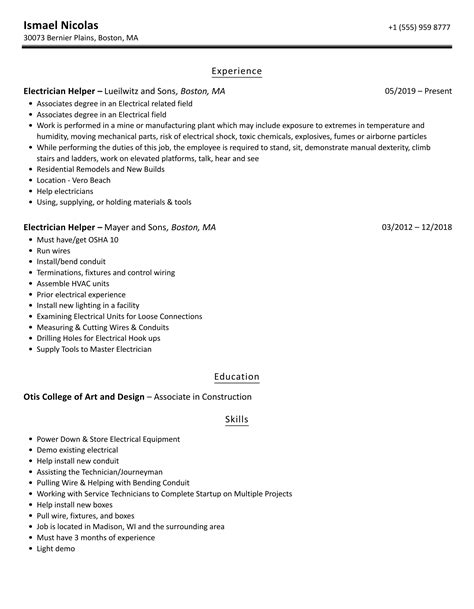 Electrician Helper Resume Samples | Velvet Jobs