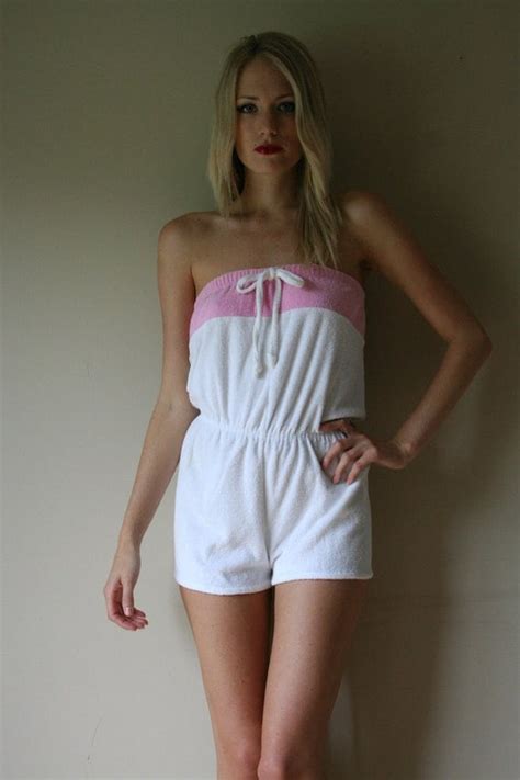 70s Romper White And Pink Terry Cloth Suzanne Somers Strapless Etsy Rompers Terry Cloth