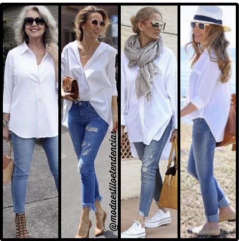 Four Pictures Of Women Wearing White Shirts And Jeans