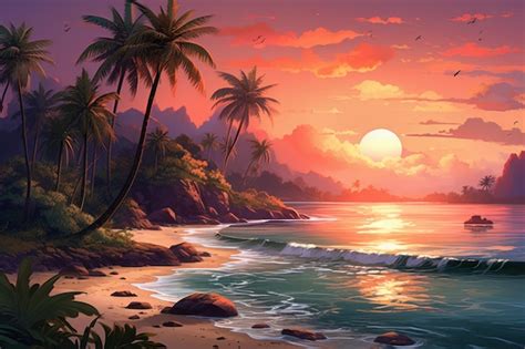 Premium Photo Beautiful Seascape With Palm Trees And Sunset Generative AI