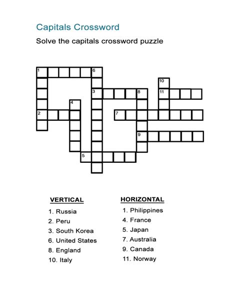 Capital Cities Quiz And Crossword Puzzle All Esl