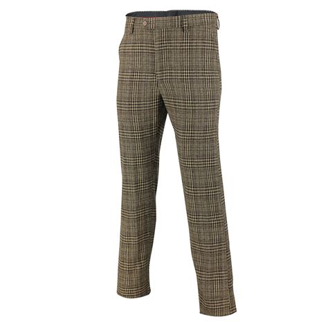 Mens Brown Grey Herringbone Tweed Checks Slim Fit Trousers Vintage