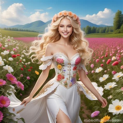 Blonde European Girl Running In Flower Field Stable Diffusion Online